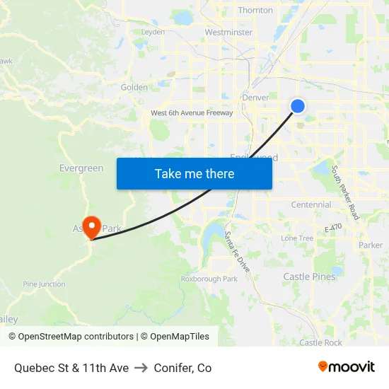 Quebec St & 11th Ave to Conifer, Co map