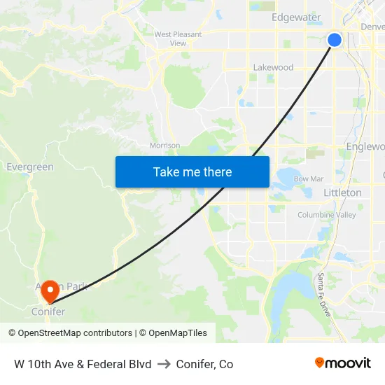 W 10th Ave & Federal Blvd to Conifer, Co map