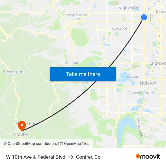 W 10th Ave & Federal Blvd to Conifer, Co map