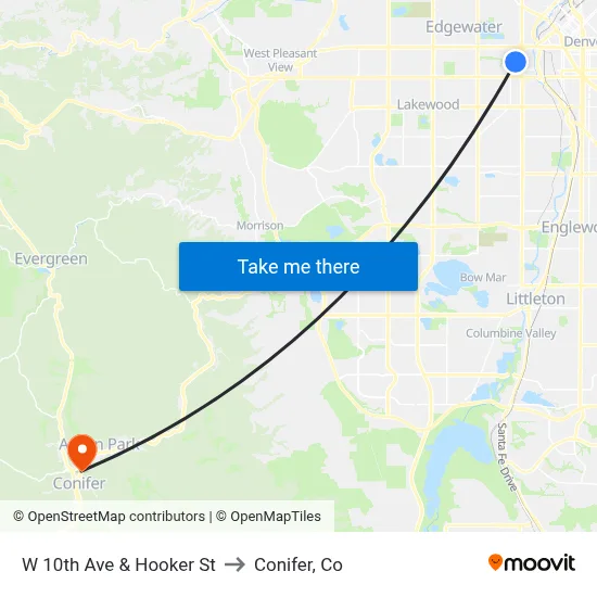 W 10th Ave & Hooker St to Conifer, Co map