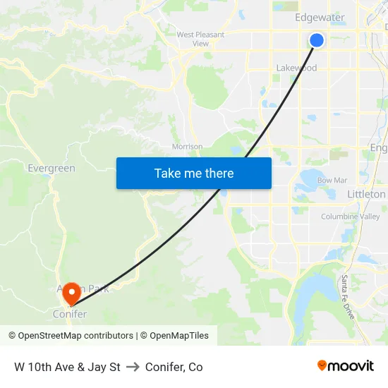 W 10th Ave & Jay St to Conifer, Co map