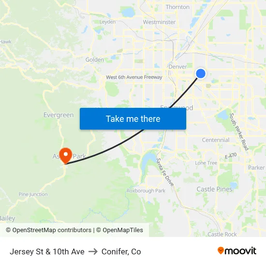 Jersey St & 10th Ave to Conifer, Co map