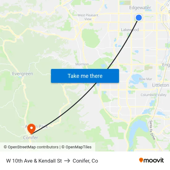 W 10th Ave & Kendall St to Conifer, Co map