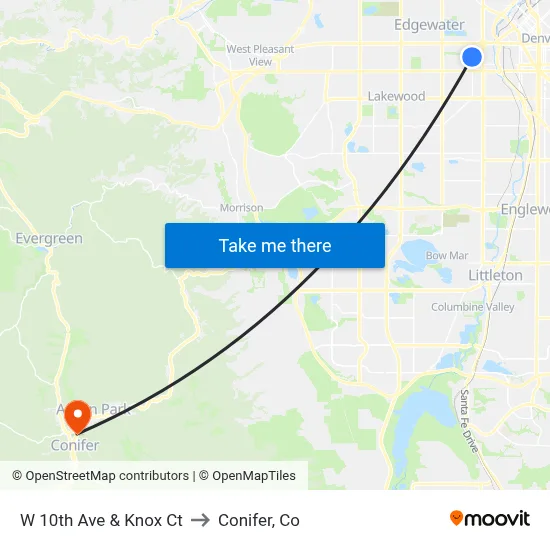 W 10th Ave & Knox Ct to Conifer, Co map
