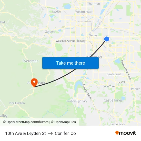 10th Ave & Leyden St to Conifer, Co map