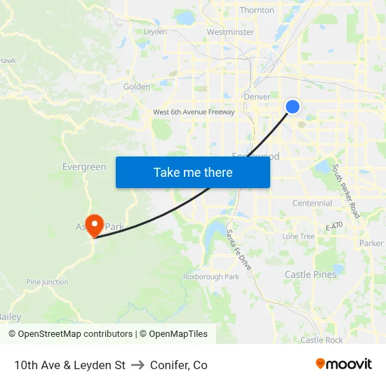 10th Ave & Leyden St to Conifer, Co map
