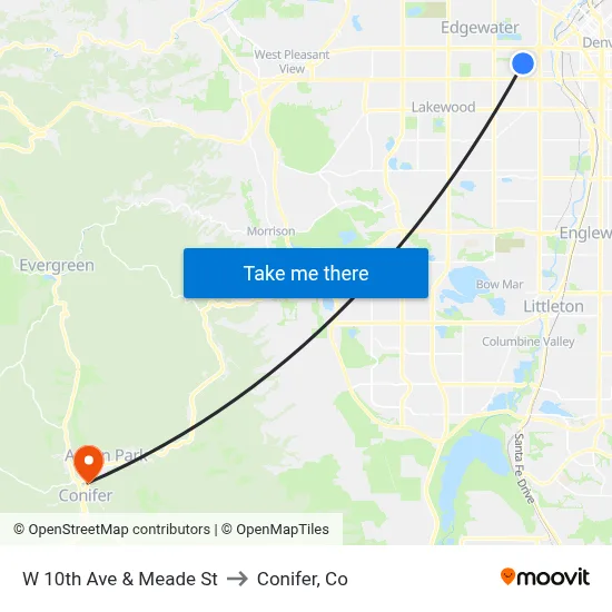 W 10th Ave & Meade St to Conifer, Co map