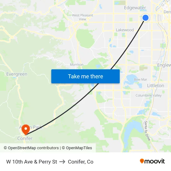 W 10th Ave & Perry St to Conifer, Co map