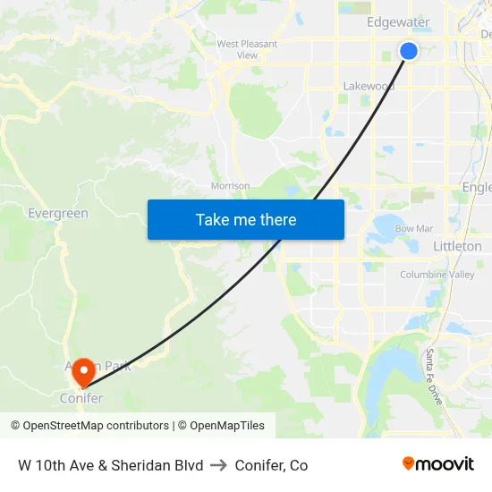 W 10th Ave & Sheridan Blvd to Conifer, Co map