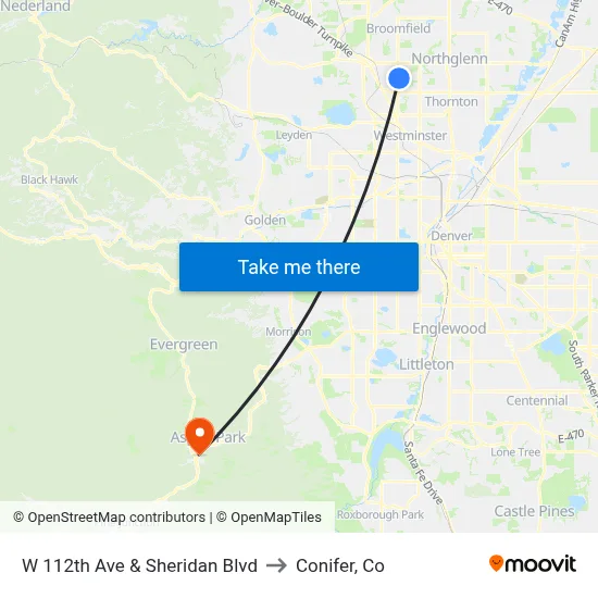 W 112th Ave & Sheridan Blvd to Conifer, Co map