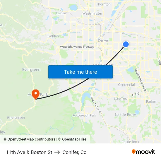 11th Ave & Boston St to Conifer, Co map