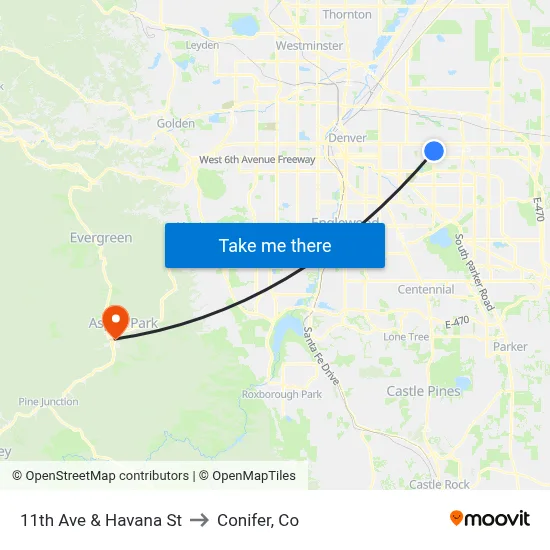11th Ave & Havana St to Conifer, Co map
