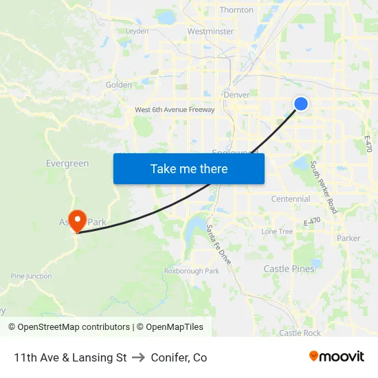 11th Ave & Lansing St to Conifer, Co map