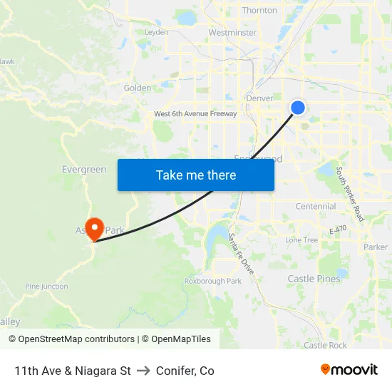 11th Ave & Niagara St to Conifer, Co map