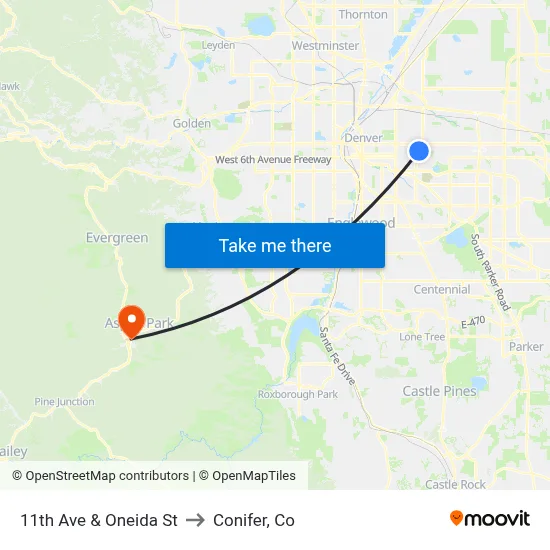 11th Ave & Oneida St to Conifer, Co map