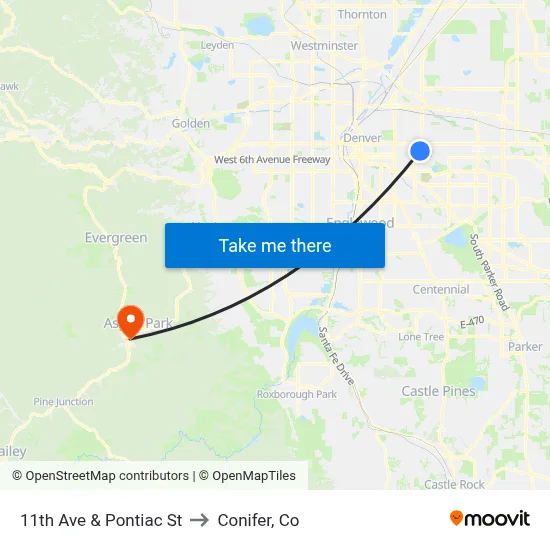 11th Ave & Pontiac St to Conifer, Co map