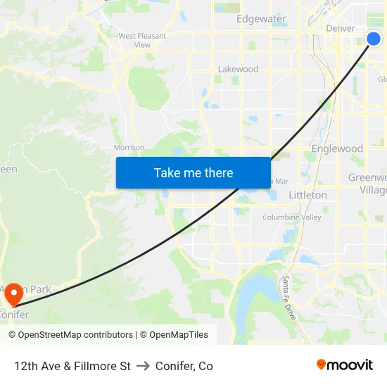 12th Ave & Fillmore St to Conifer, Co map