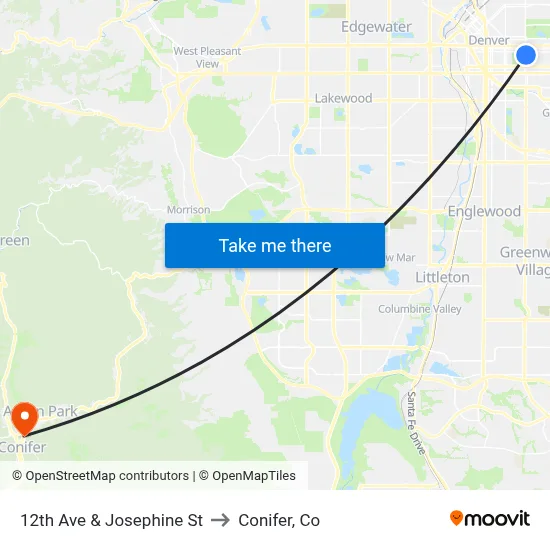 12th Ave & Josephine St to Conifer, Co map