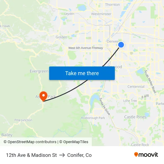 12th Ave & Madison St to Conifer, Co map