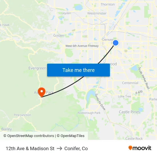 12th Ave & Madison St to Conifer, Co map