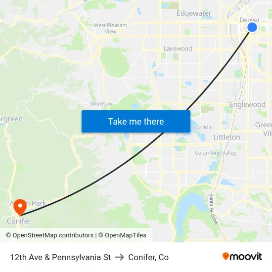 12th Ave & Pennsylvania St to Conifer, Co map