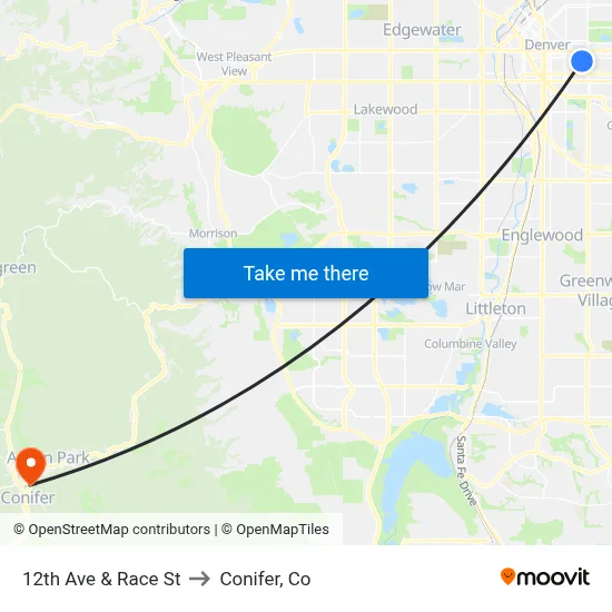 12th Ave & Race St to Conifer, Co map