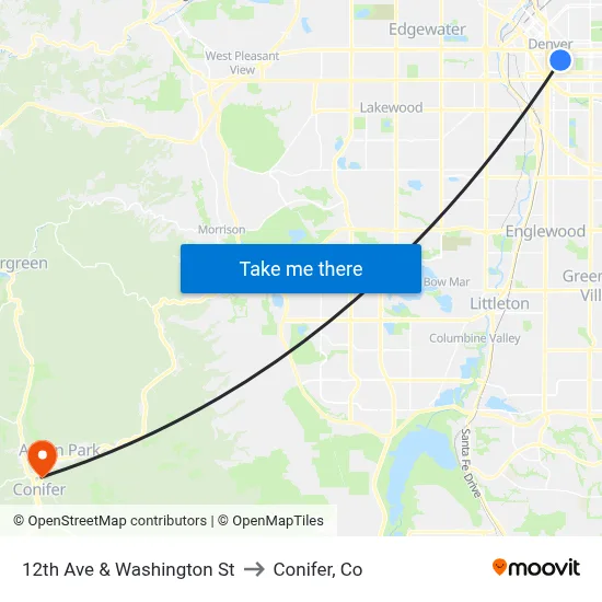 12th Ave & Washington St to Conifer, Co map