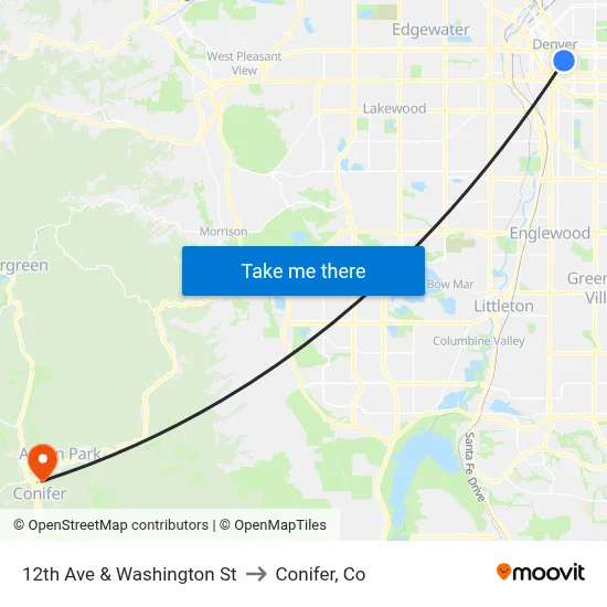12th Ave & Washington St to Conifer, Co map