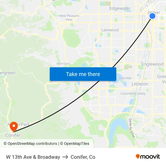 W 13th Ave & Broadway to Conifer, Co map