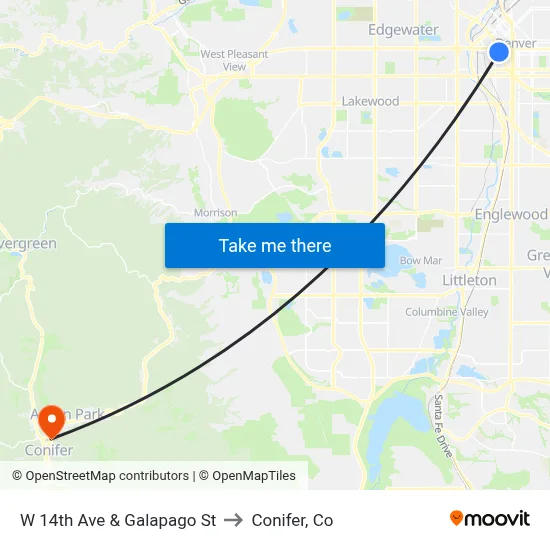 W 14th Ave & Galapago St to Conifer, Co map