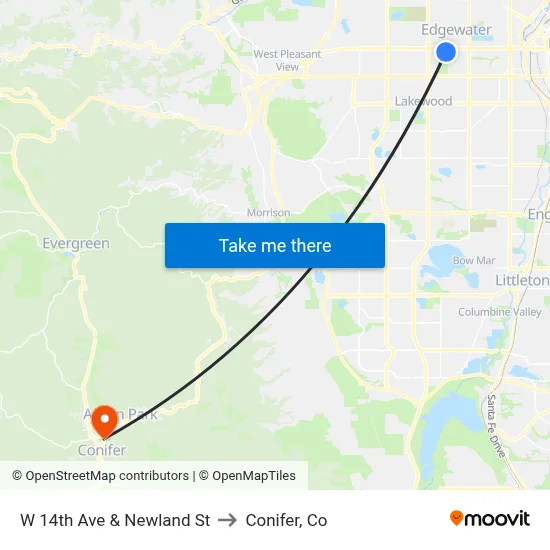 W 14th Ave & Newland St to Conifer, Co map