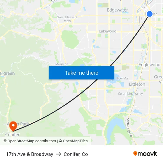 17th Ave & Broadway to Conifer, Co map