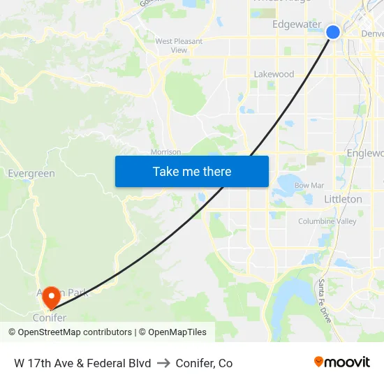 W 17th Ave & Federal Blvd to Conifer, Co map