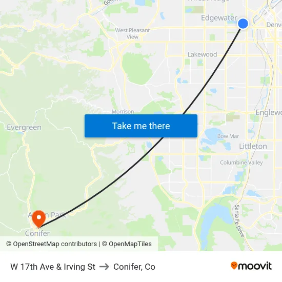 W 17th Ave & Irving St to Conifer, Co map