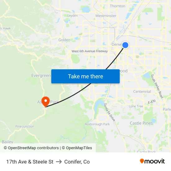 17th Ave & Steele St to Conifer, Co map
