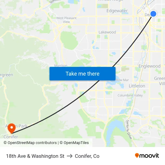 18th Ave & Washington St to Conifer, Co map