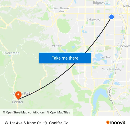 W 1st Ave & Knox Ct to Conifer, Co map