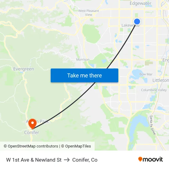 W 1st Ave & Newland St to Conifer, Co map