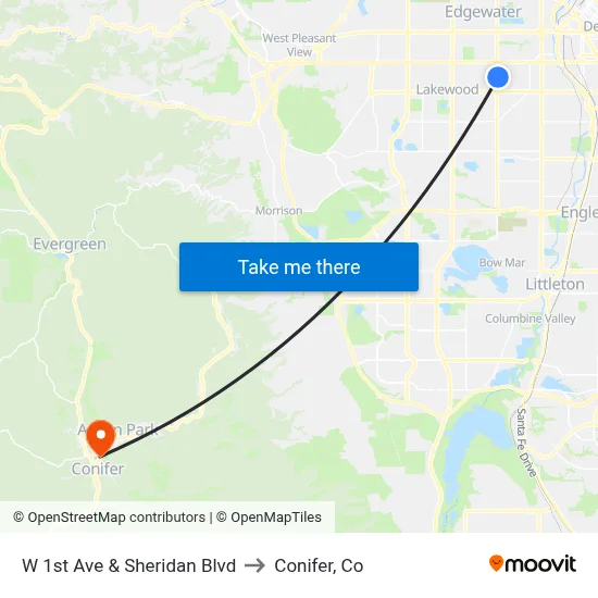 W 1st Ave & Sheridan Blvd to Conifer, Co map
