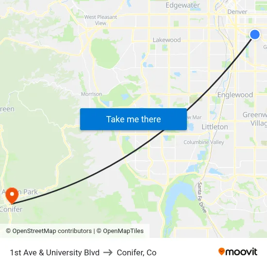 1st Ave & University Blvd to Conifer, Co map