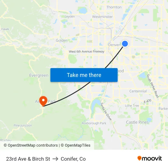 23rd Ave & Birch St to Conifer, Co map
