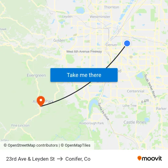 23rd Ave & Leyden St to Conifer, Co map