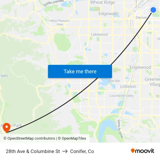 28th Ave & Columbine St to Conifer, Co map