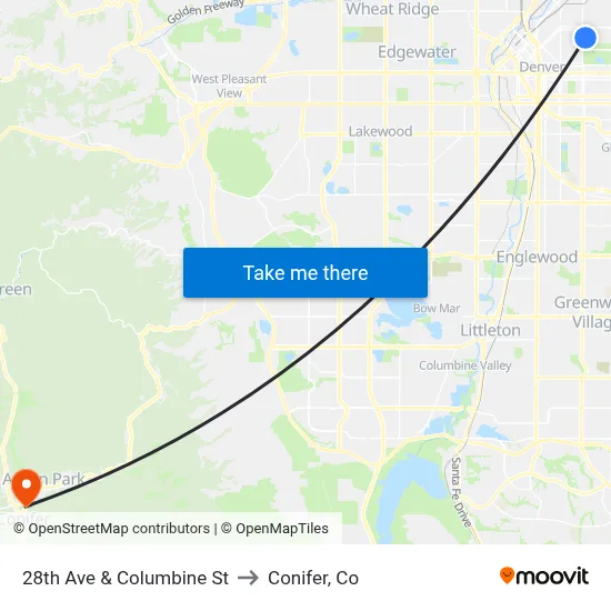 28th Ave & Columbine St to Conifer, Co map