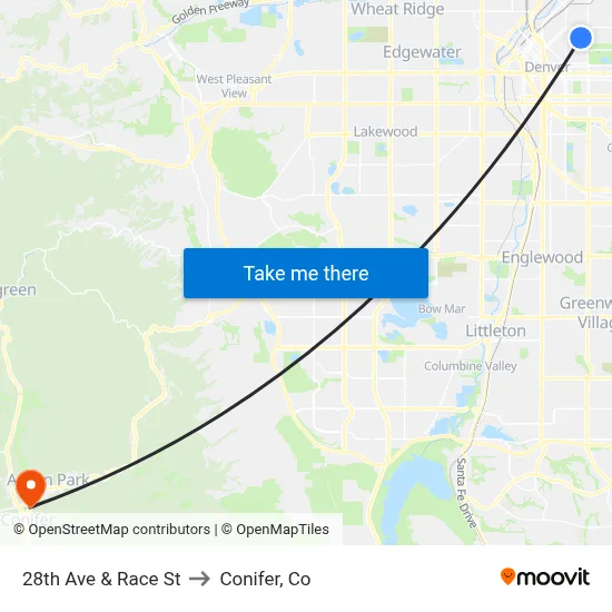 28th Ave & Race St to Conifer, Co map