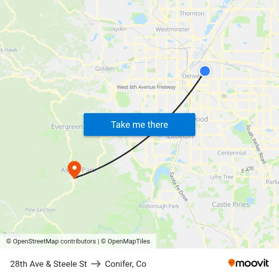 28th Ave & Steele St to Conifer, Co map
