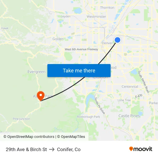 29th Ave & Birch St to Conifer, Co map