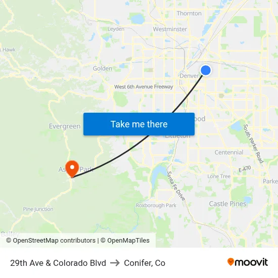 29th Ave & Colorado Blvd to Conifer, Co map