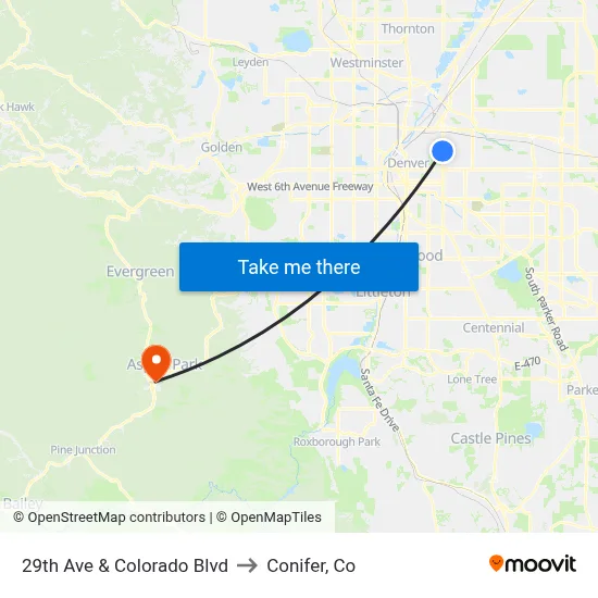 29th Ave & Colorado Blvd to Conifer, Co map