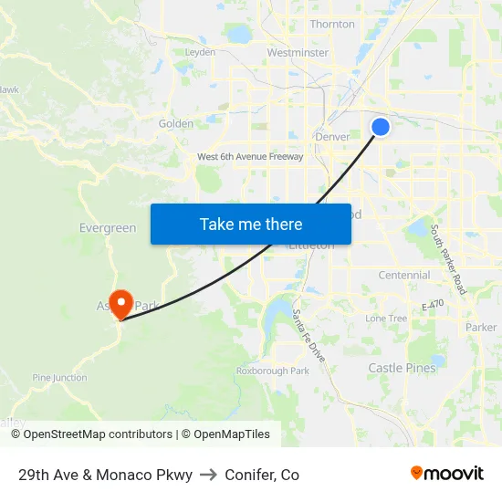 29th Ave & Monaco Pkwy to Conifer, Co map